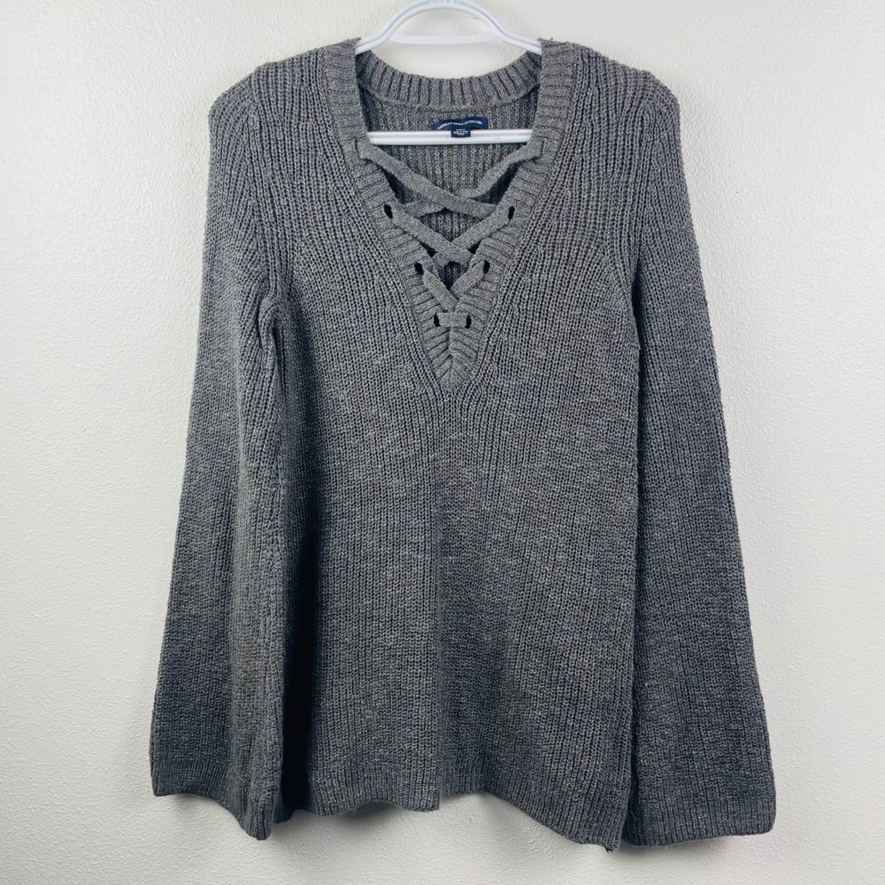 Y2K American Eagle Lace Up V Neck‎ Chunky Knit Flare Sleeve Sweater Womens Small